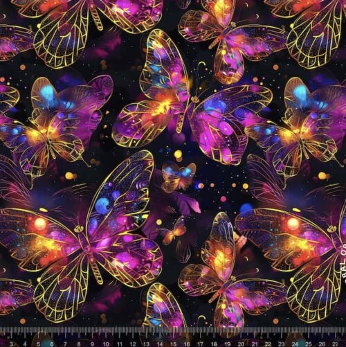 Jersey stof - Print med Shiny Guld Sommerfugle